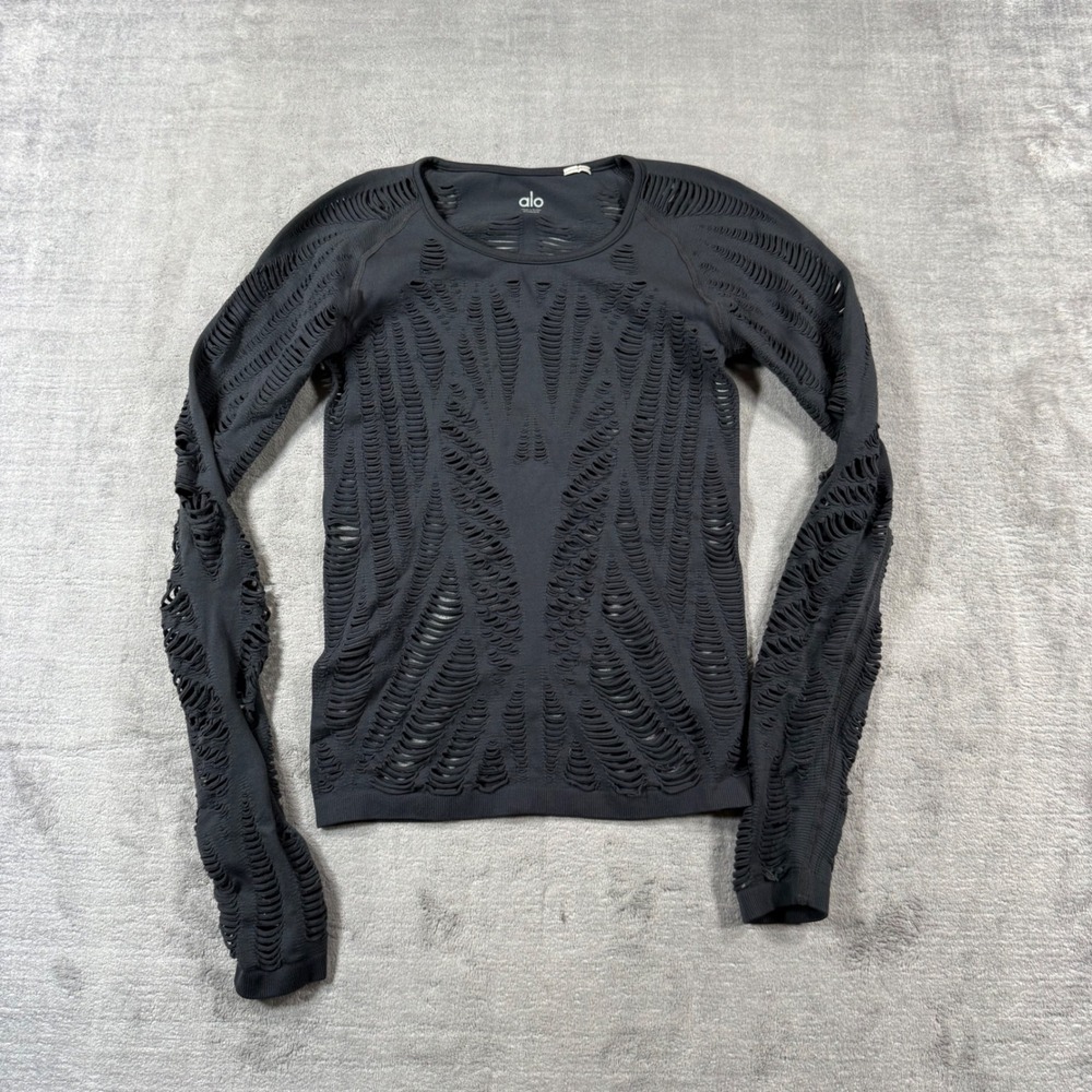 Alo Yoga Siren Long Sleeve Top Womens Small Grey Laser Cut Distressed Activewear